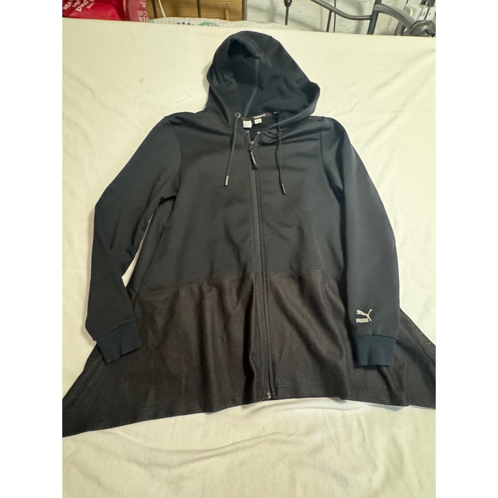 Puma EVO Womens Black Full Zip Mesh Flared Hem Hooded Jacket Size S